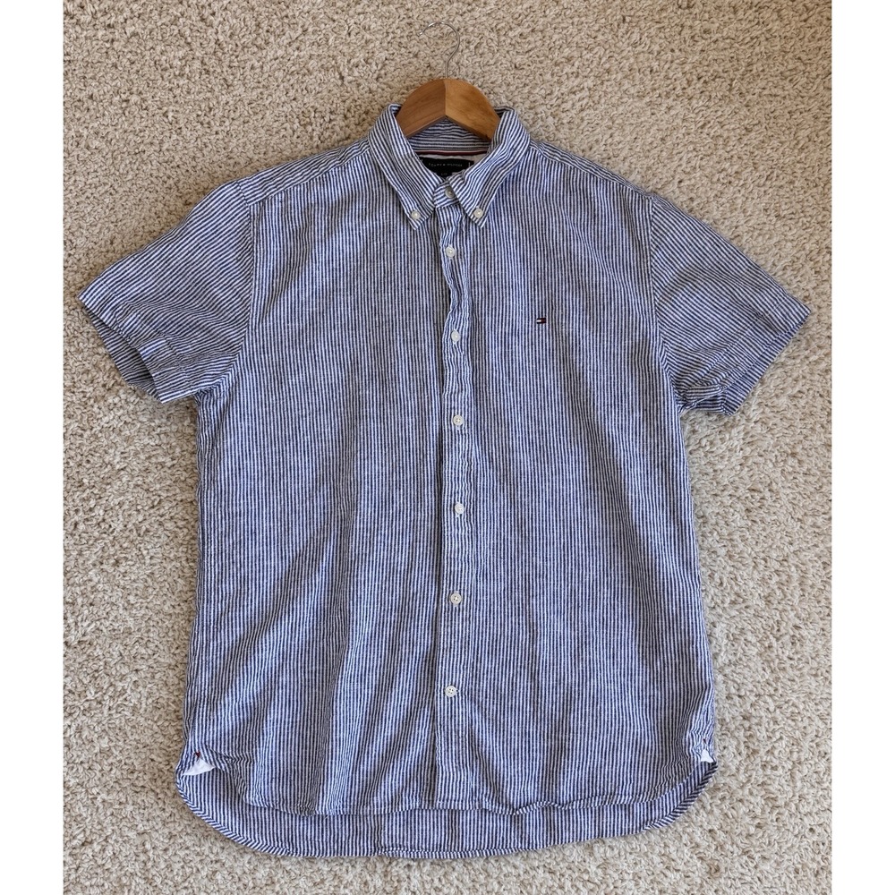 Tommy Hilfiger Button Down Shirt Mens Large Blue White Excellent Striped Linen